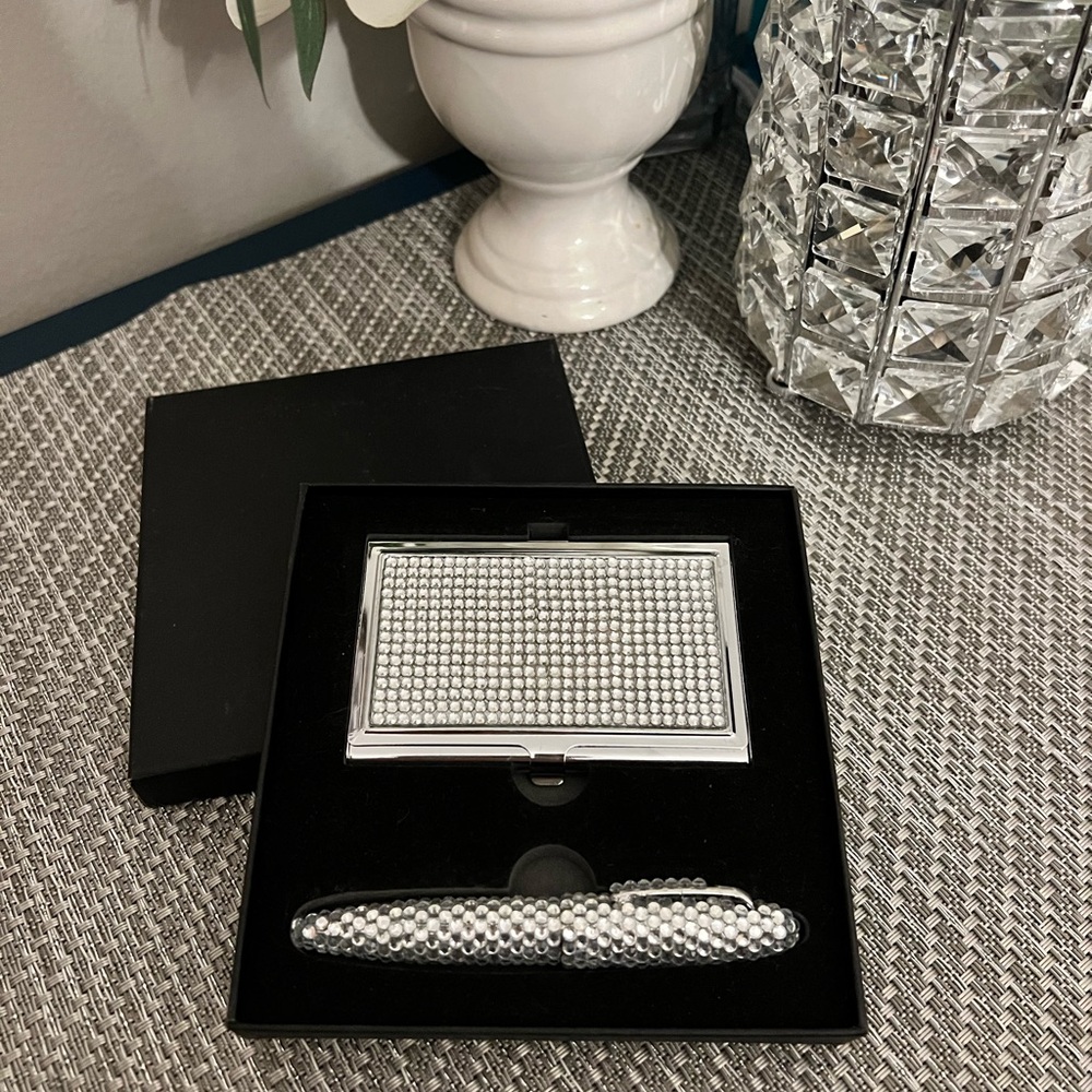Silver Rhinestone Pen and Card Holder Set
